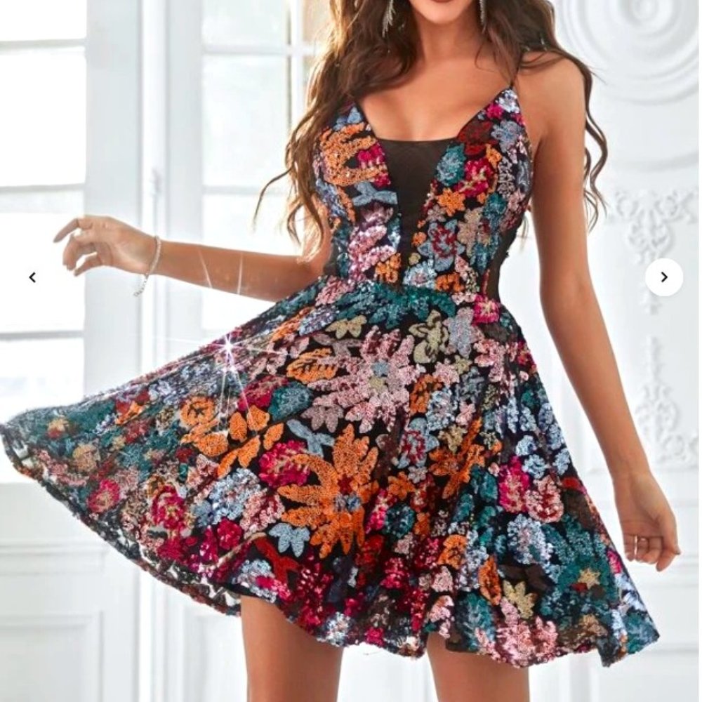 Lace Up Backless Mesh Panel Sequins Cami Dress